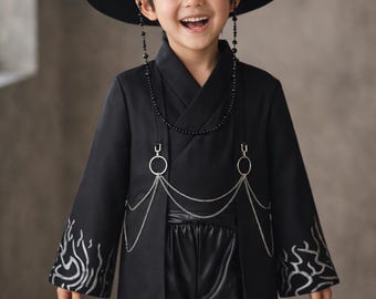 Traje de cosplay infantil Saja de Demon Hunters de Kpop, traje negro para fiestas de Halloween y escenarios.