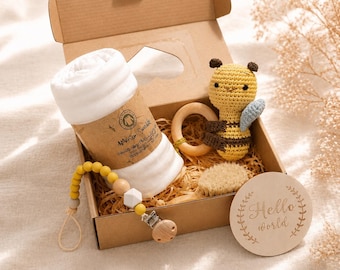 Geschenk zur Geburt - Willkommensbox Baby - Biene Baby Set - Greifling & Musselintuch -Schnullerkette - Baby Shower – Newborn