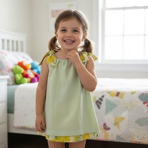 May include: A young girl smiles, wearing a pale green dress with yellow floral detailing on the straps and hem. The dress has a simple, sleeveless design. The girl has her hair in pigtails.