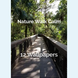 May include: A wooden boardwalk with metal railings winds through a lush green forest. The image features the text "Nature Walk Calm" and "12 Wallpapers". The scene is bathed in natural light, creating a sense of tranquility.