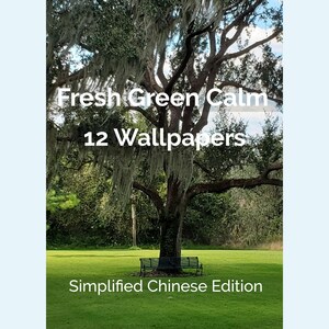 Puede incluir: Una escena exterior serena con un gran árbol, un banco de parque y un césped verde. El texto en la imagen dice "Fresh Green Calm 12 Wallpapers" y "Simplified Chinese Edition". La imagen evoca una sensación de tranquilidad.
