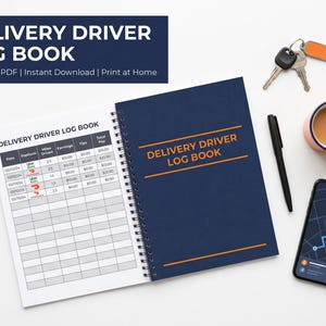 May include: A navy blue spiral-bound log book with the text "DELIVERY DRIVER LOG BOOK" in white and orange. The open book displays a log sheet with data entries. A smartphone, keys, pen, and a mug of coffee are also present.