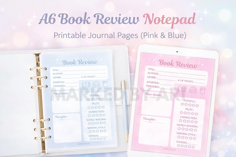 Book Review Notepad – A6 Printable Reading Journal Page (pink & Blue ...