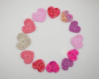 Crochet Wool Hearts: Mixed Pink Appliques, Set of 12