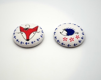 Fox and Hedgehog Fridge Magnets: Woodland Fabric Buttons, Set of 2