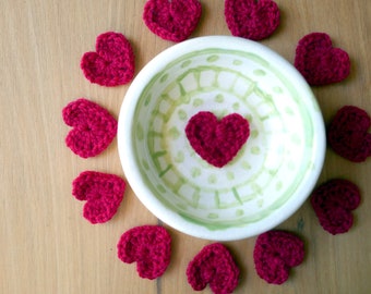 Crochet Wool Hearts: Red Appliques, Set of 12 - Valentine's Decor