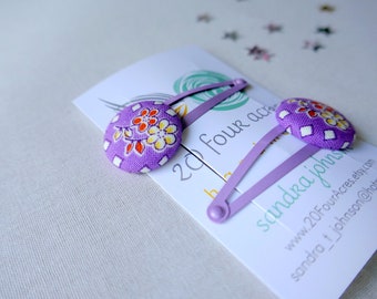 Purple Floral Hair Clips Set of 2 - Ideal Gift - 23 mm Button Hair Slides