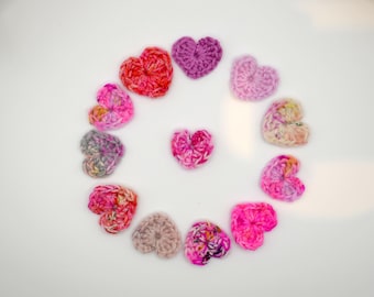 Crochet Wool Hearts: Mixed Pink Appliques, Set of 12