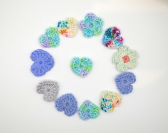 Crochet Hearts Appliques: Blue Green Wool Set - Handmade Embellishments