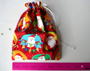 Happy Santa Gift Bag, Fully lined with a Ivory Satin Drawstring - Medium size only