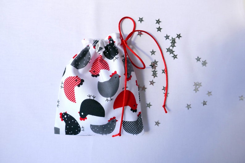 Trinket Bag Fully lined with a Red Satin Drawstring Reusable Gift Bag Eco Bag Fabric Gift Bag Happy Chickens Red