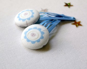 Blue Daisy Hair Clips Set of 2 - Ideal Gift - 23 mm Button Hair Slides