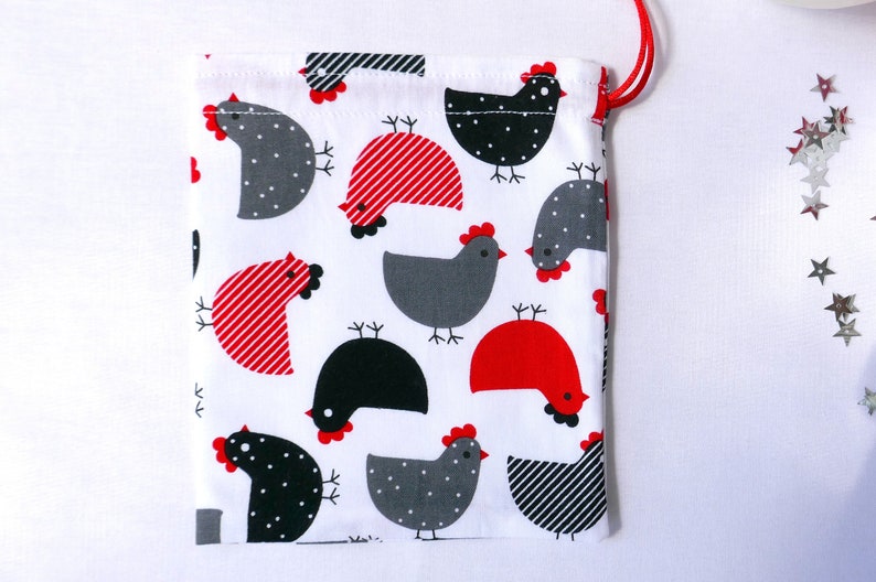 Trinket Bag Fully lined with a Red Satin Drawstring Reusable Gift Bag Eco Bag Fabric Gift Bag Happy Chickens Red