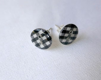 Black and White Check Button Stud Earrings | 12mm | Silver Plated Surgical Steel Posts - Retro Look