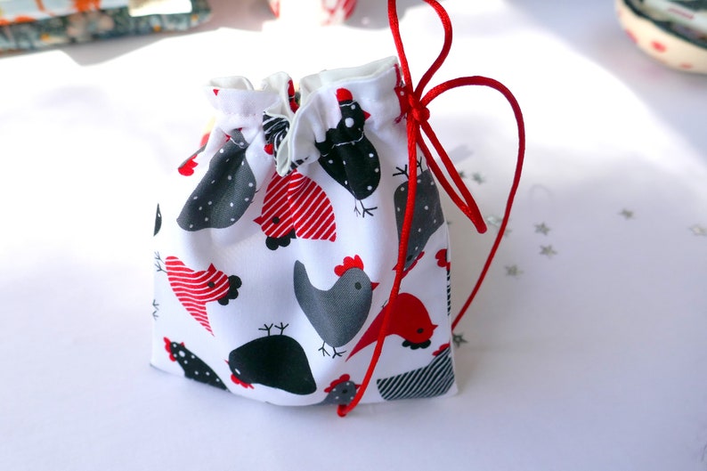 Trinket Bag Fully lined with a Red Satin Drawstring Reusable Gift Bag Eco Bag Fabric Gift Bag Happy Chickens Red