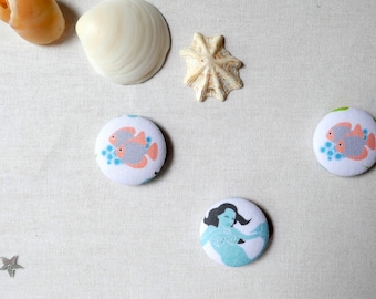 Fridge Magnets - Set of 3, Mermaid and her Fish fabric Fridge Magnets - Fabric Button Magnet Great for Kitchen or Office