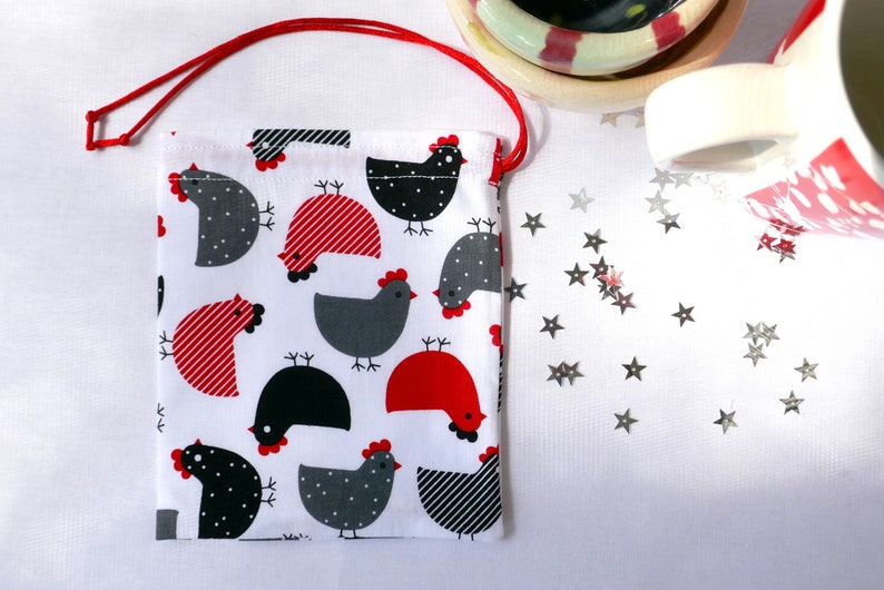 Trinket Bag Fully lined with a Red Satin Drawstring Reusable Gift Bag Eco Bag Fabric Gift Bag Happy Chickens Red