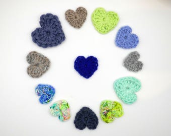 Crochet Hearts Appliques: Blue Green Wool Set B - Handmade Embellishments