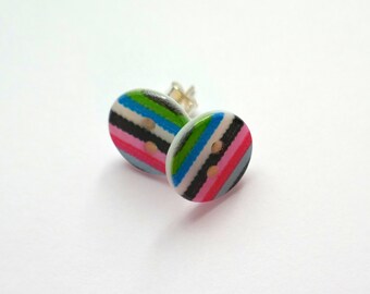 Stripe Button Stud Earrings | 15mm | Silver Plated Surgical Steel Posts - Retro Look