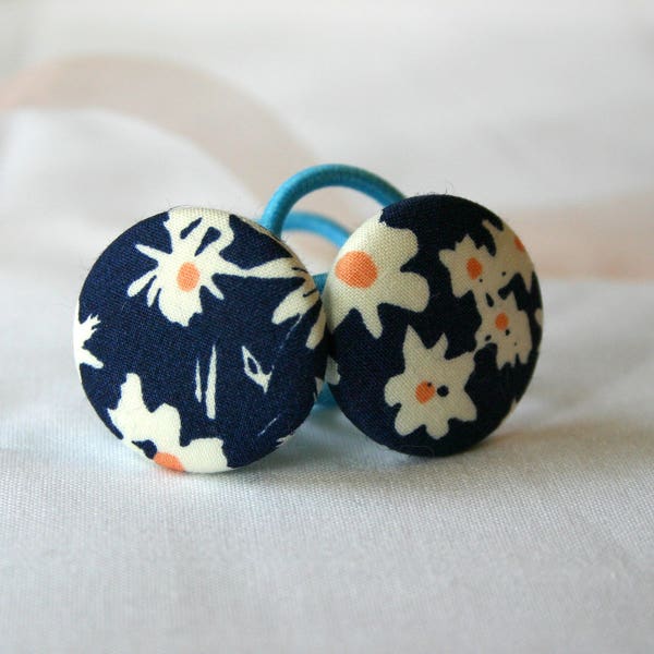 Hair Tie Set of 2 - 28mm  Button - Pony Tail Holder Indigo and White Daisies Organic Fabric