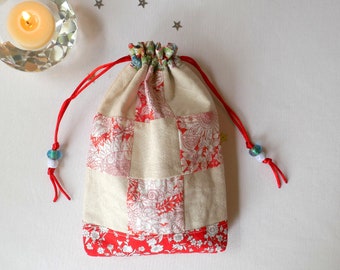 Patchwork Liberty and Linen Drawstring Bag - lined in Liberty Floral,  Red Satin Cord with Acrylic beads - Dimensions 14 cm x 21 cm