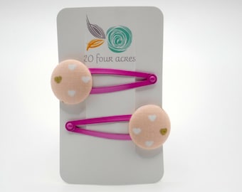 Pink Heart Hair Clips Set of 2 - Ideal Gift - 23 mm Button Hair Slides