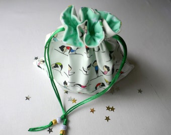 Yoga Fabric Gift Bag, Fully lined with Cross print cotton, Green satin cord Drawstring with acrylic beads