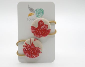 Floral Hair Tie Set – Antique Red Fabric Button Elastics (Set of 2)