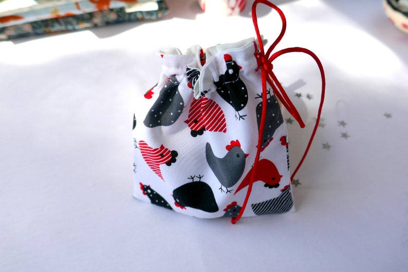 Trinket Bag Fully lined with a Red Satin Drawstring Reusable Gift Bag Eco Bag Fabric Gift Bag Happy Chickens Red