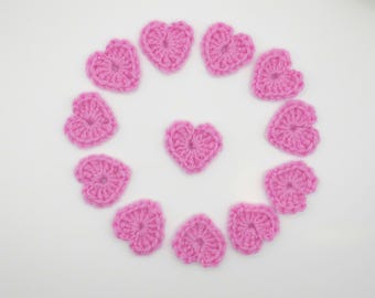 Crochet Wool Hearts: Pink Appliques, Set of 12 - Handmade Embellishments