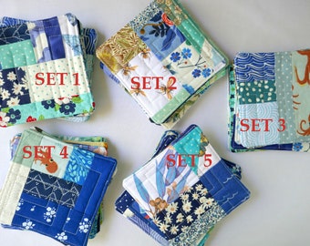 Coastal Fabric Coasters, Scrappy Blue Beach Theme - Set of 6