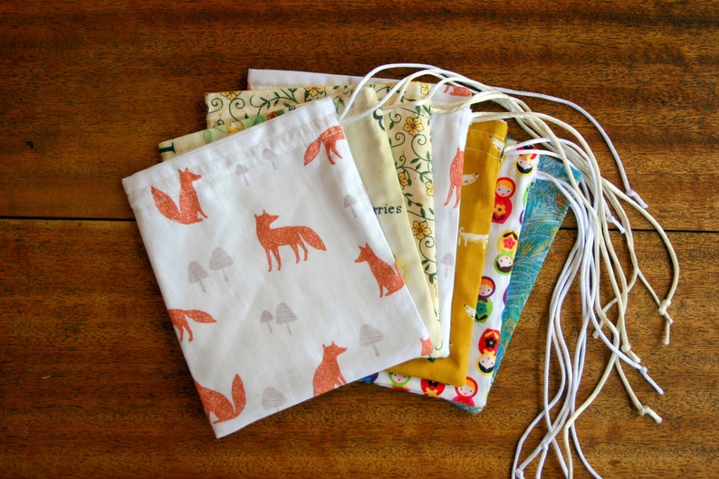 Trinket Bag Fully lined with a Red Satin Drawstring Reusable Gift Bag Eco Bag Fabric Gift Bag Happy Chickens Red