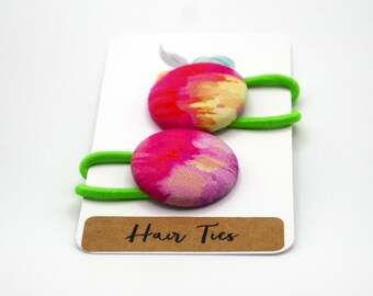 Pink Rainbow Hair Ties – Watercolour Fabric Button Elastics, Set of 2