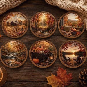 Op de afbeelding: Een set van zes ronde houten onderzetters met herfstachtige illustraties. De ontwerpen tonen een rustieke schuur, een bospad, een mok met pompoenen, een waterval, een kruiwagen met oogstproducten en een uitzicht op een meer bij zonsondergang.