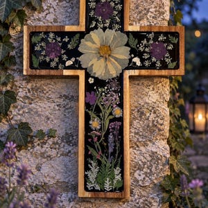 May include: A wooden cross featuring a black resin inlay filled with pressed flowers, including a large central cream-colored flower, purple blossoms, and green foliage. The text "The Violet Hour" is printed in white at the bottom of the image.