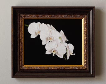 White Orchid, 8x10”, Framed, Oil on Linen, Original Floral Still Life Painting by Elle