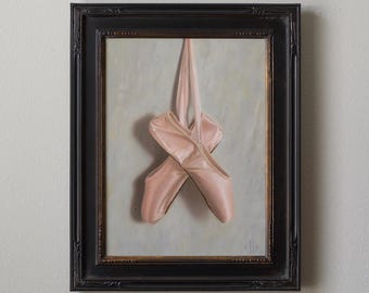 Ballet Shoes with Gray, 12x9”, Framed, Oil on Linen, Original Ballet Painting by Elle