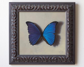 Blue Morpho, 8x9”, Framed, Oil on Linen, Original Butterfly Still Life Painting by Elle
