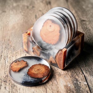 Juego de posavasos de resina y madera, posavasos de madera de pino, vajilla de resina epoxi, decoración para el hogar en madera natural, accesorios rústicos para mesa de centro.