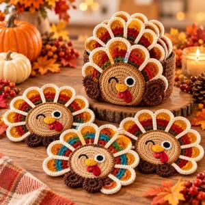 May include: A set of crocheted turkey coasters featuring a tan face, a winking eye, a yellow beak, and a red wattle. The tail feathers are arranged in a fan shape with alternating bands of orange, yellow, red, and teal yarn colors.