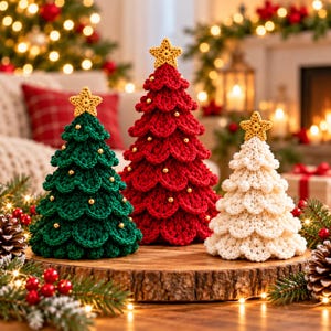 May include: Three crocheted Christmas tree decorations in green, red, and cream. Each tree features a textured, layered design with small gold beads and a yellow crocheted star topper, all arranged on a round wooden base.