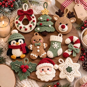 Peut inclure: Un ensemble de dix décorations de Noël au crochet comprenant une couronne avec un nœud rouge, un sapin vert, un renne, un pingouin, un bonhomme en pain d'épices, une chaussette, un sucre d'orge, du houx, un père Noël et une étoile blanche.