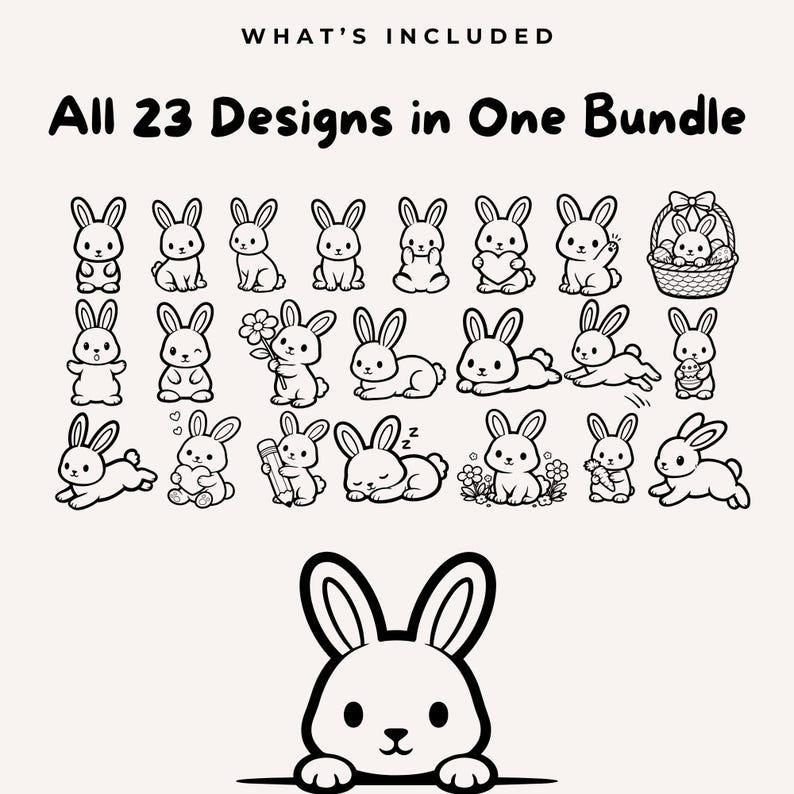Kawaii Bunny SVG Bundle, Cute Baby Rabbit Outline, Coloring Page PDF ...