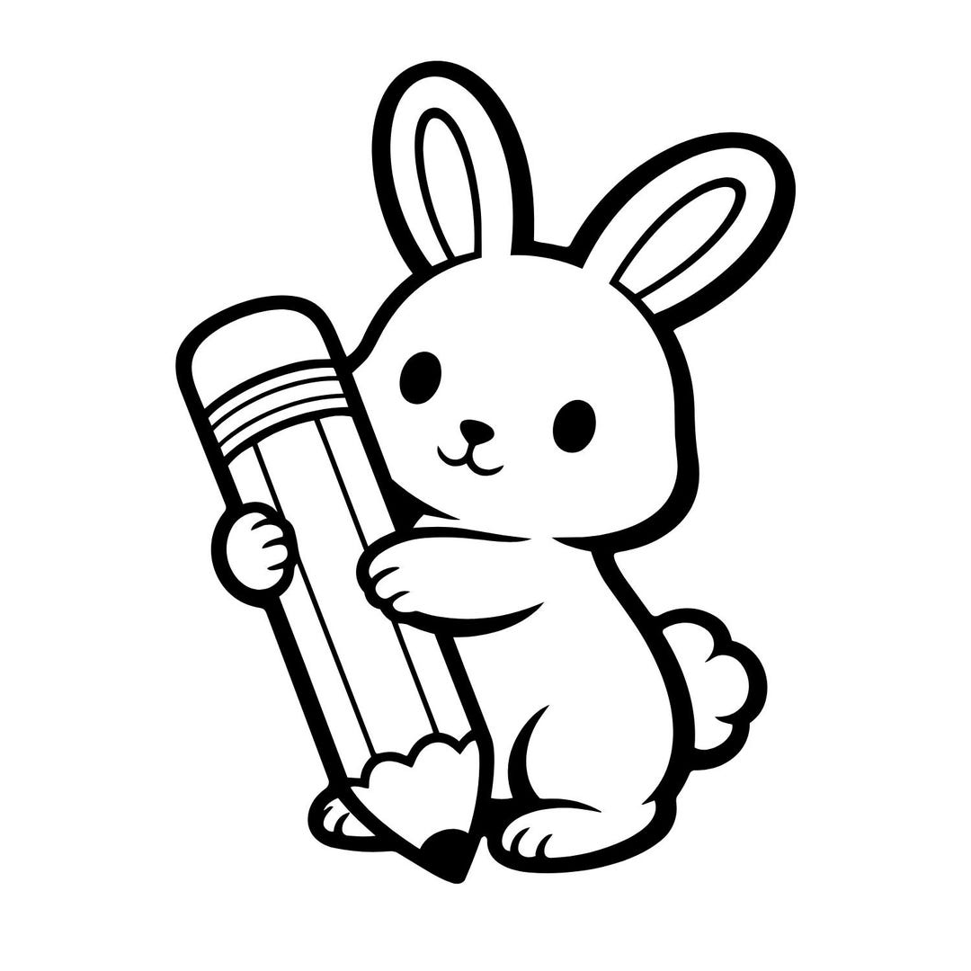 Cute Bunny With Pencil SVG PNG, Simple Rabbit Outline, Kawaii Animal ...