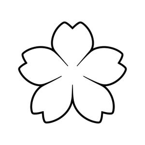 May include: A black and white illustration of a five-petal flower. The flower's petals are rounded with a slight indentation at the tip of each petal. The outline is thick and bold, creating a simple yet striking design.