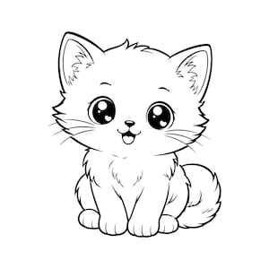 以下が含まれることがあります： 座っている小さくてふわふわした子猫の白黒線画イラスト。子猫はハート型のハイライトが入った大きな表情豊かな目、小さな鼻、舌が見える笑顔の口、毛のディテールが描かれた尖った耳をしています。