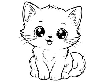 Kawaii Kitten SVG PNG | Cute Kitten Coloring Page Clipart | Cute Cat Outline Design | Simple Line Art | Cricut Cut file | Kitten pdf, jpg
