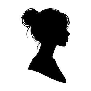 Puede incluir: Silueta negra del perfil de una persona, que muestra un peinado de moño. La imagen es un diseño minimalista, con el cabello y el cuello de la persona claramente definidos sobre un fondo blanco. La silueta es una representación simple y elegante.