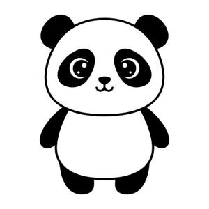 Może przedstawiać: Kreskówka przedstawiająca pandę. Panda ma białe ciało z czarnymi oznaczeniami wokół oczu, uszu, ramion i nóg. Panda uśmiecha się z małym czarnym nosem i uroczym wyrazem twarzy.