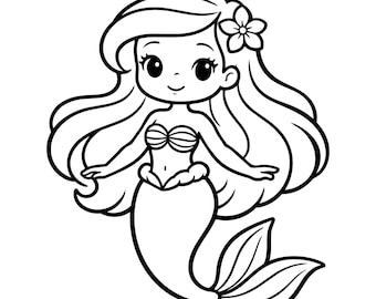 Kawaii Mermaid Svg Png: Baby Mermaid Outline, Line Art, Coloring page PDF, Digital Cut Ready Design, For Crafting, Cricut, Silhouette